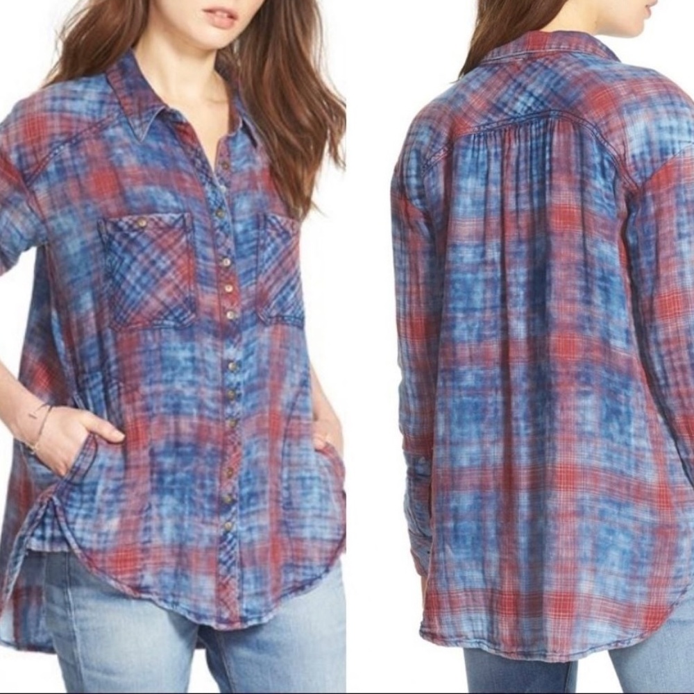 FP | Dip Dye Plaid Flannel Button Front Functioning Pockets Soft Shirt Shacket